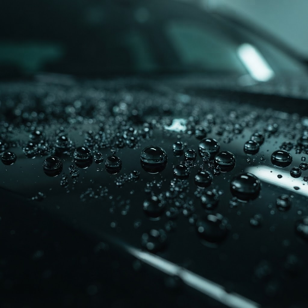 Water beading into spherical droplets on a ceramic-coated black paint surface