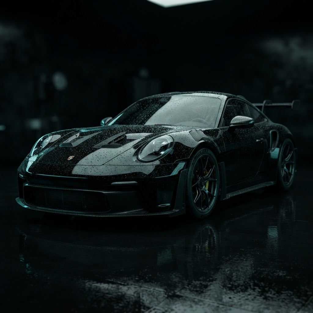 Freshly detailed glossy black luxury car with water beading on the paint